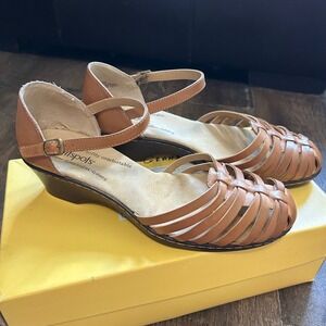 Softspots Tatianna Tan Leather Huarache Wedge Sandals Womens 9.5 WW Extra Wide